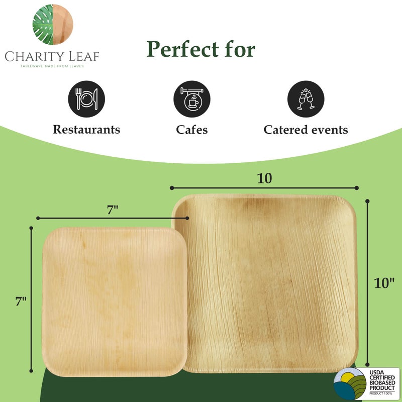 Charity Leaf 50-Piece Palm Leaf Plates Set | 25 x 10" & 25 x 7" Square Plates | Perfect for Parties, Weddings, and Everyday Use - Image 3